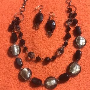 Black & Gray glass beaded necklace w/ matching earrings